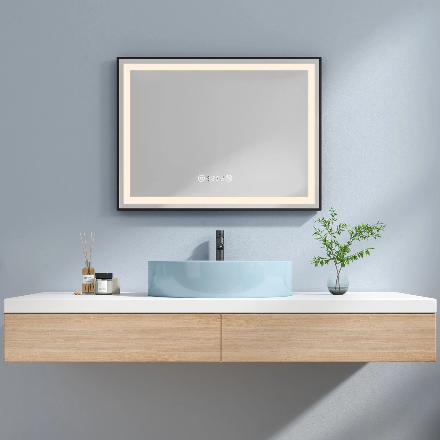 Emke Badspiegel 80x60cm mit LED-Beleuchtung, schwarzem Rahmen, Touch, Antibeschlag, Uhr und Temperaturanzeige.