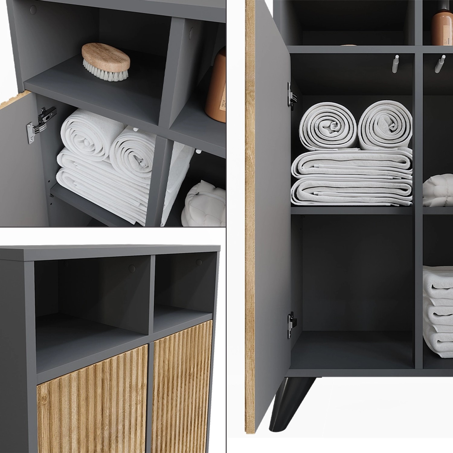 Vicco Midischrank Leano, anthrazit/Bergeiche, 60x97 cm, mit zwei Türen und Regalfächern. Badregal für mehr Stauraum.