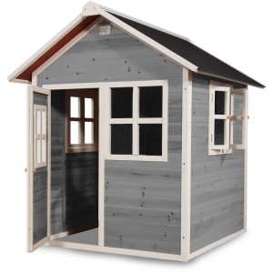 Graues EXIT Loft 100 Holzspielhaus mit geöffneter Tür und Fenster.
