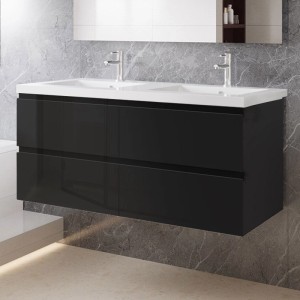 AICA Waschtisch mit Unterschrank, 120 cm, schwarz hochglanz, mit zwei Waschbecken.