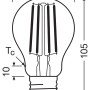 Technische Zeichnung Osram LED Lampe E27, A100, Maße: 10,5 cm hoch, 6 cm breit.