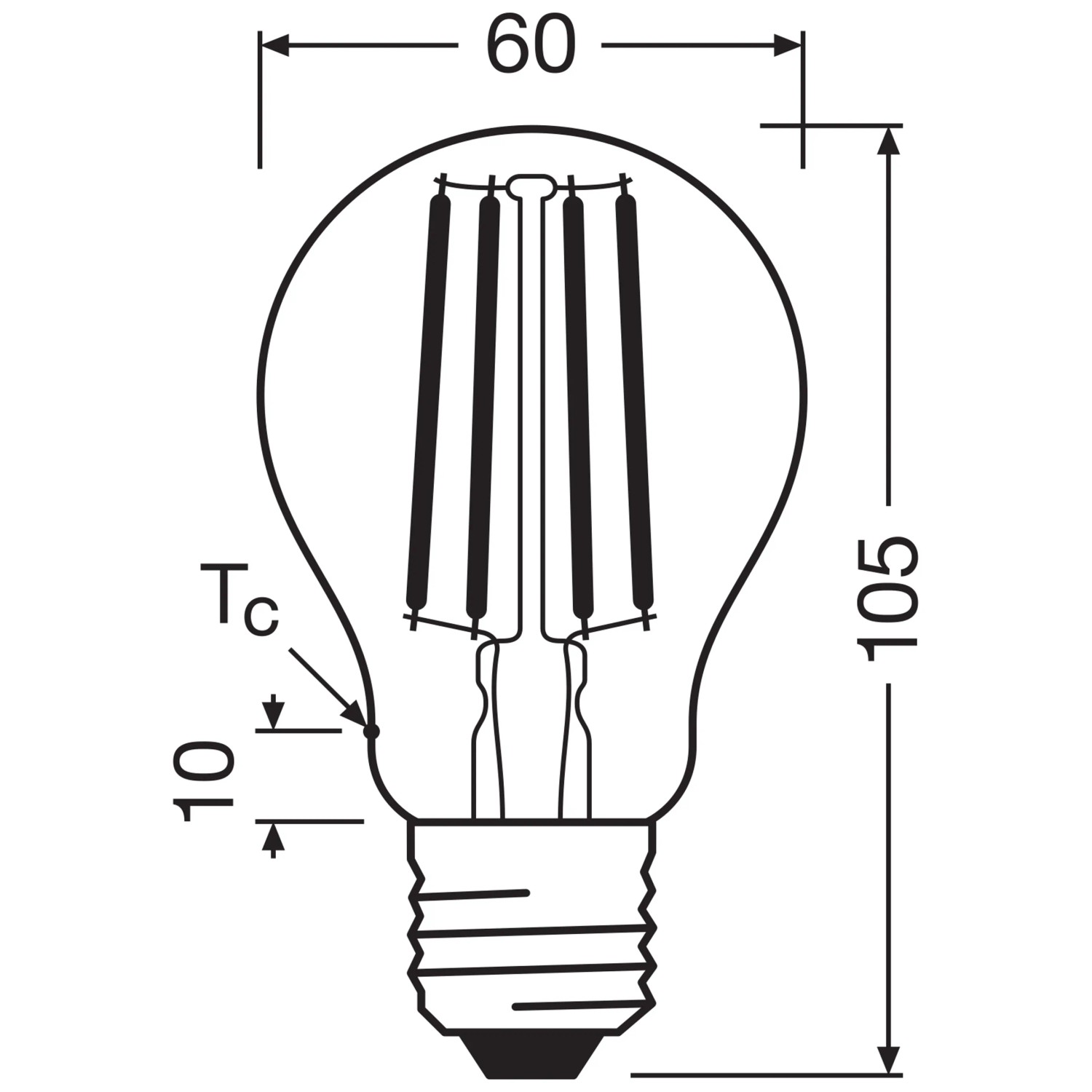 Technische Zeichnung Osram LED Lampe E27, A100, Maße: 10,5 cm hoch, 6 cm breit.