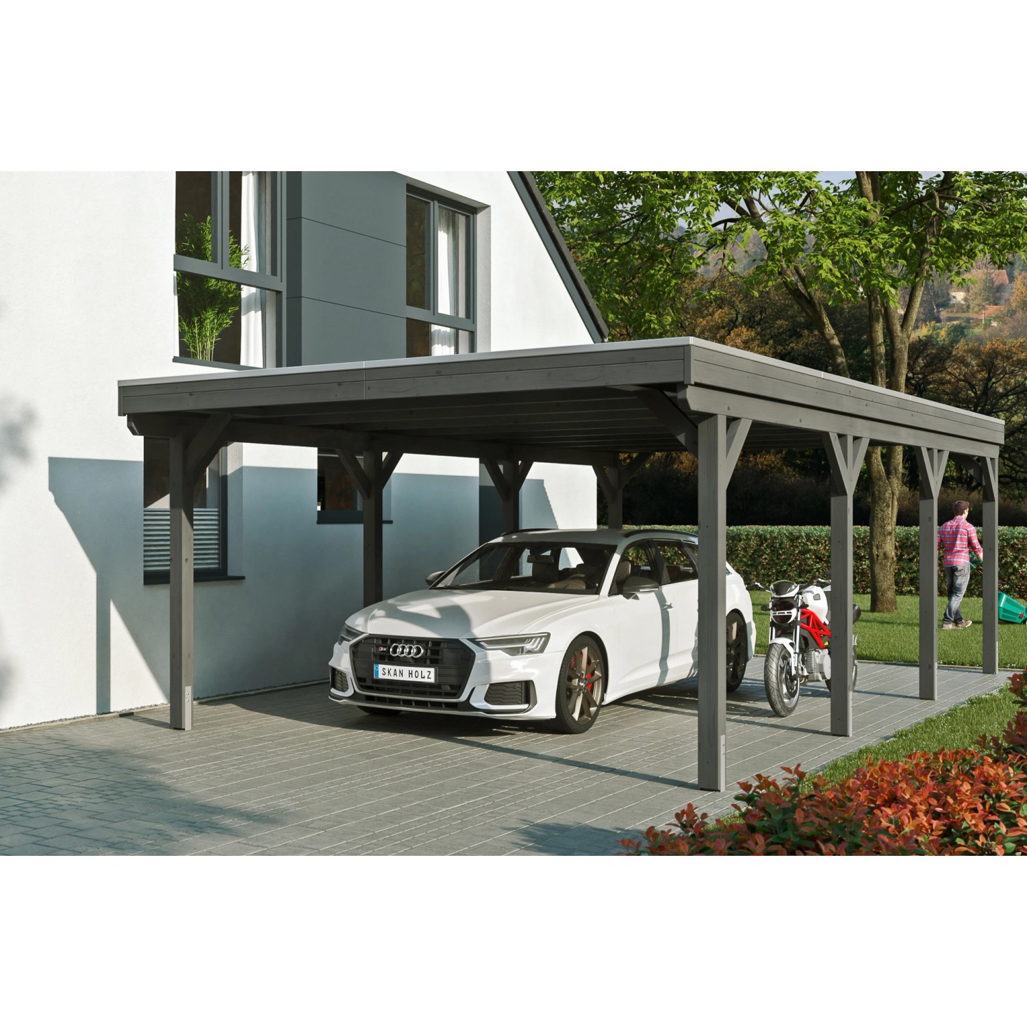 Skan Holz Carport Grunewald 427 cm x 796 cm mit Aluminiumdach Schiefergrau