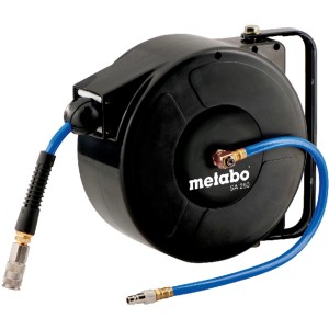 Metabo Schlauchaufroller SA 250 mit blauem PU-Schlauch und Schnellkupplung.