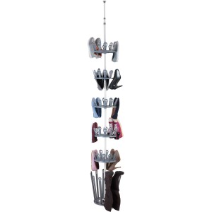 Weißes Wenko Teleskop-Schuhregal Achilles mit mehreren Schuhpaaren und Stiefeln.