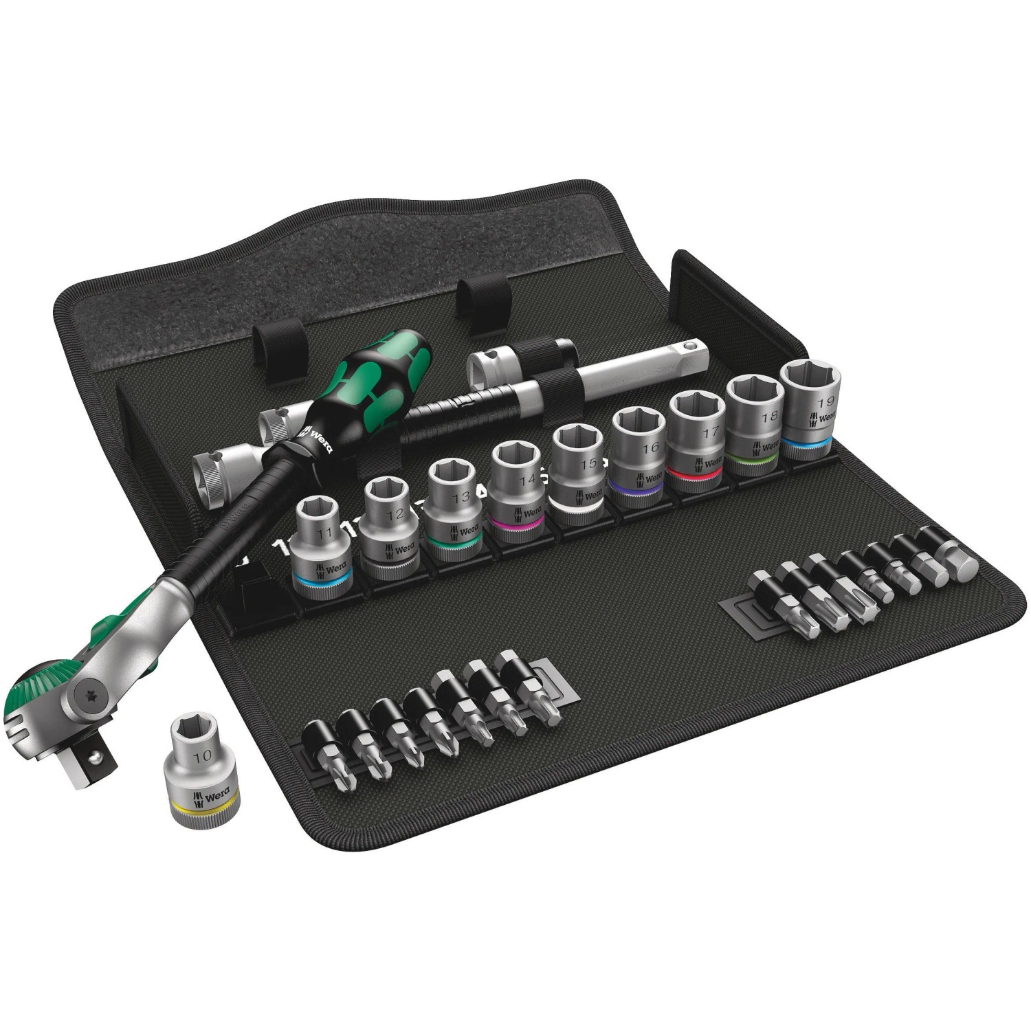 Wera Zyklop Speed-Knarrensatz 8100 SC 6 mit Knarre, Nüssen und Bits in Textilbox.