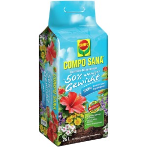 Sack Compo Qualitäts-Blumenerde mit reduziertem Gewicht und blumiger Gestaltung, 25 Liter.