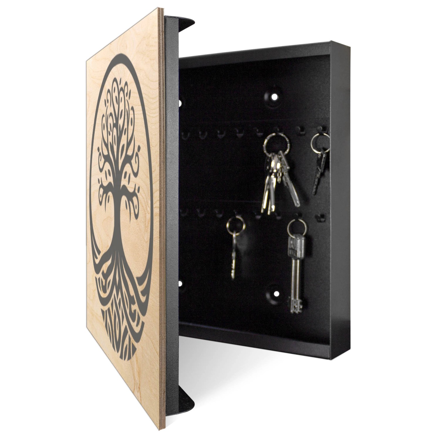 Offener, schwarzer Schlüsselkasten aus Holz mit Lebensbaum-Motiv und 50 Haken zur Schlüsselaufbewahrung.