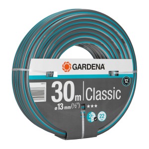 Gardena Classic Gartenschlauch, 30 m, 1/2 Zoll, grau mit blauem Streifen, aufgerollt.