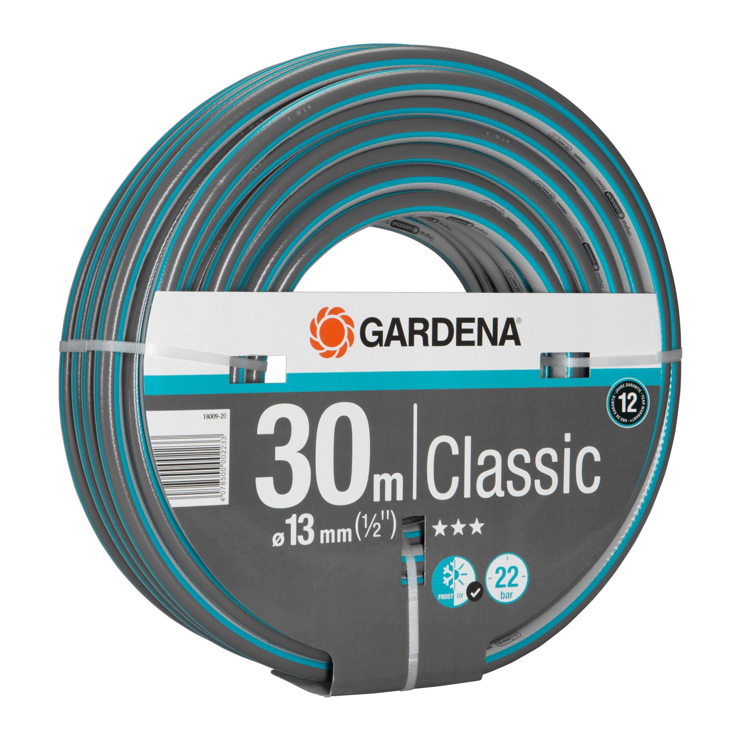 Gardena Classic Gartenschlauch, 30 m, 1/2 Zoll, grau mit blauem Streifen, aufgerollt.