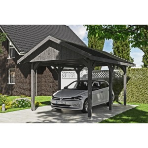 Satteldach-Carport Wallgau in Schiefergrau mit schwarzen Schindeln und Auto.