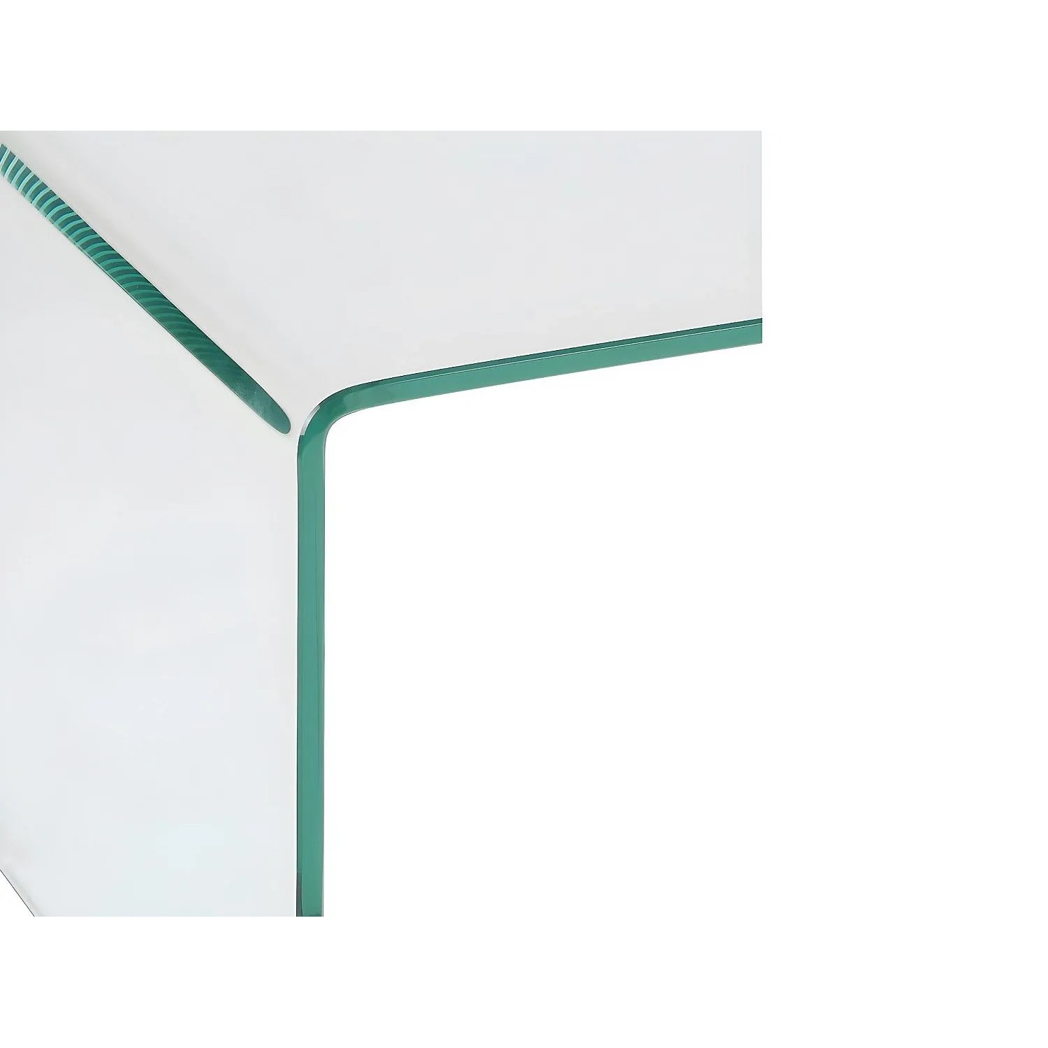 Detailansicht des transparenten Vente-unique Nachttisch Suzana aus Glas mit abgerundeter Ecke und grünen Kanten.