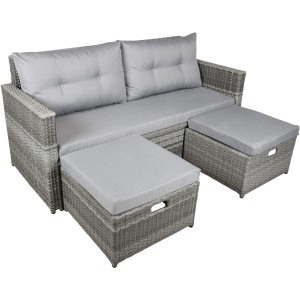 Graues Garden Pleasure Lounge-Sofa Malta mit zwei Hockern aus Rattan für den Garten.