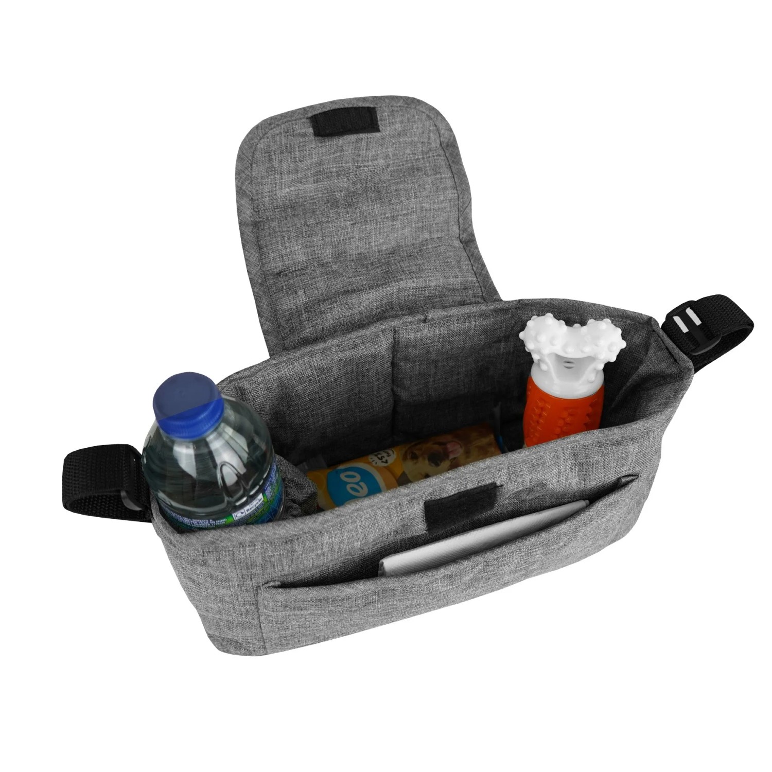 Monstershop Haustierwagen Fronttasche, gewebtes Grau, mit Getränkeflasche und Hundespielzeug.