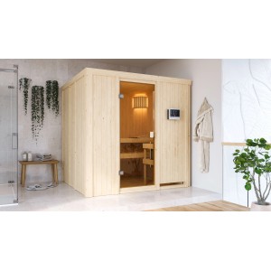 Woodfeeling Sauna Tromsö mit bronzierter Glastür und 9 kW Ofen im modernen Badezimmer.