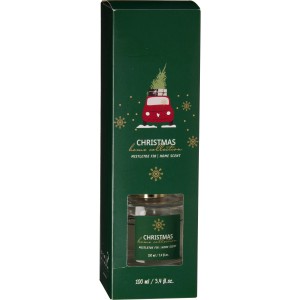 Diffuser-Set Vanille, Winterbeere, Mistelzweig im grünen Karton mit Weihnachtsauto und Schneeflocken.