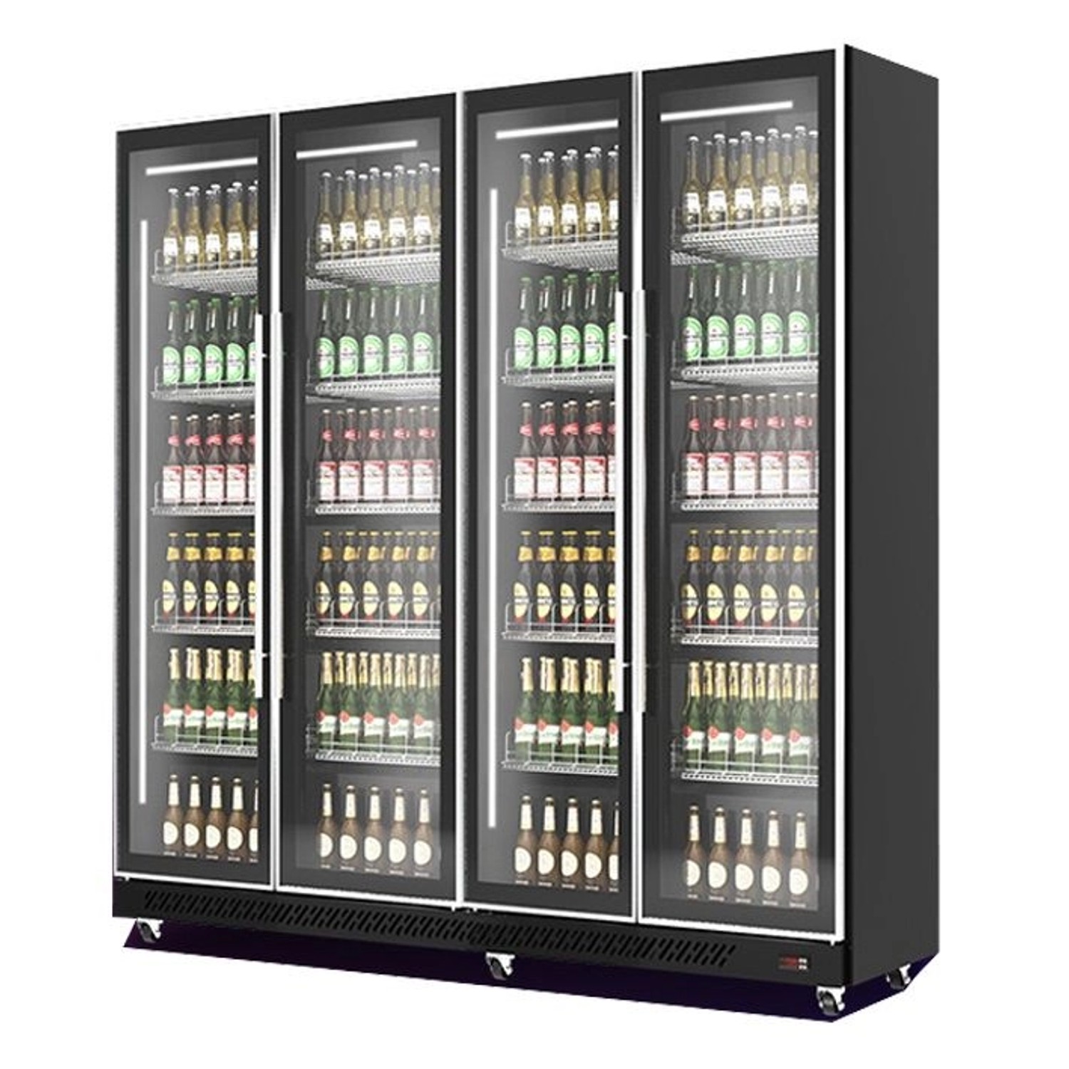 CHEFGASTRO Kühlschrank Damara Auf Rollen 4x Glastür & LED 1608 Liter HxBxT 198 x 224 x 60 cm 0 Bis 10°C Schwarz (Maße: 198cm | 60cm | 224cm)