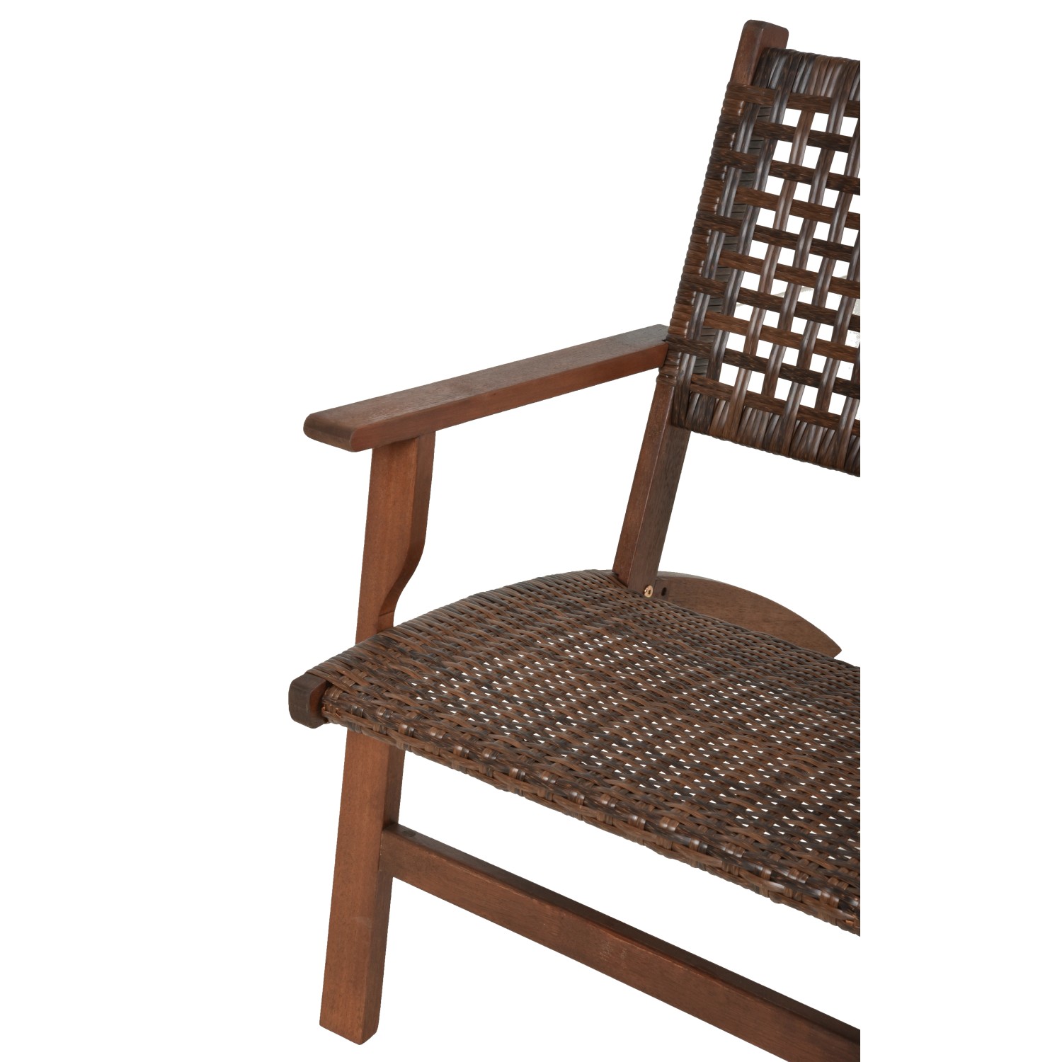 Detailaufnahme: Dunkelbrauner Gartenstuhl der Sitzgruppe Sonora mit Kunststoffgeflecht.