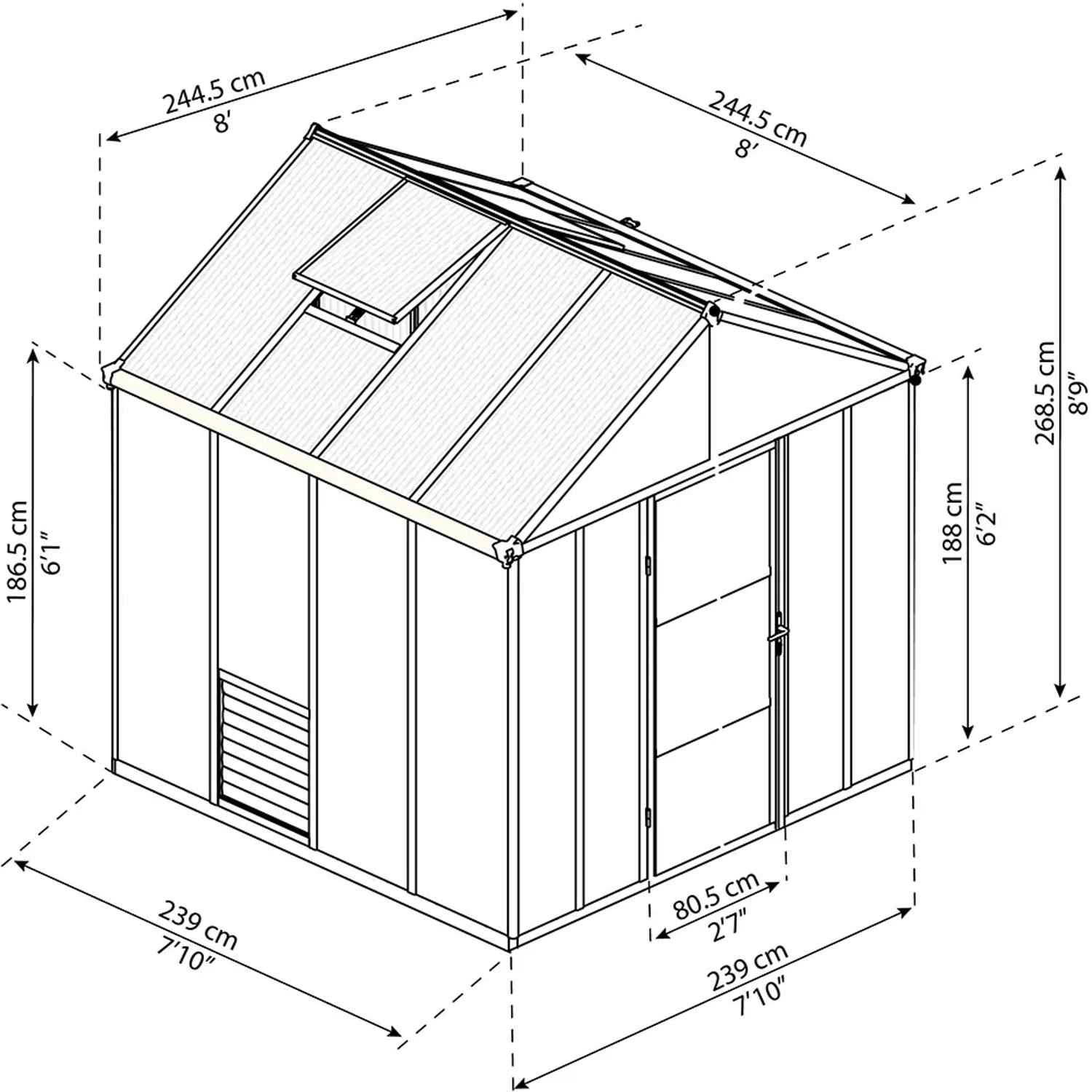 Skizze des Palram Canopia Glory Gewächshauses 2.4x2.5 in Anthrazit mit Maßangaben.