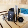 Karibu Sauna-Set Premium, 5-teilig, schwarz: Aufgusseimer, Kelle, Klimamesser, Sanduhr und Aromatopf.