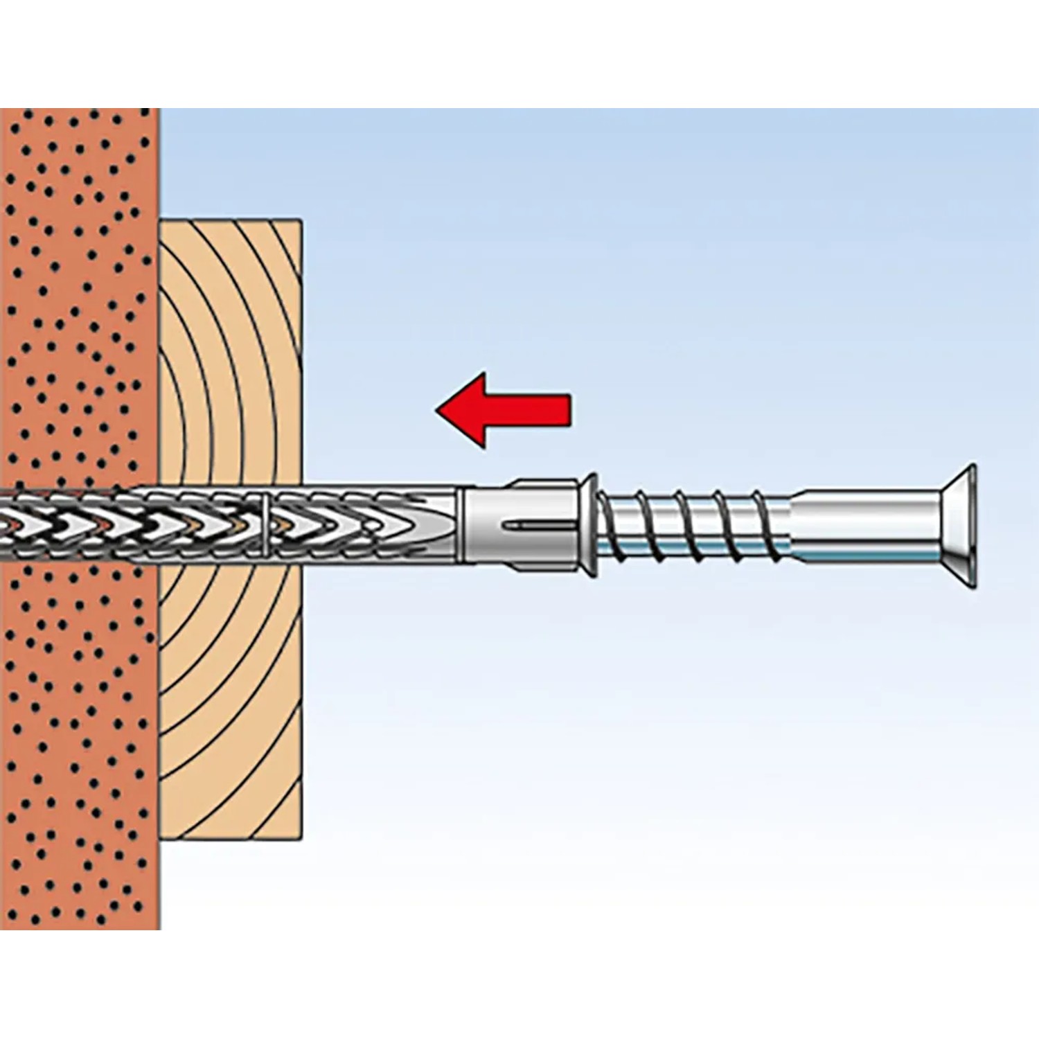 Fischer Langschaftdübel SXRL 10 x 120 T mit Schraube im Mauerwerk, Funktionsweise dargestellt.