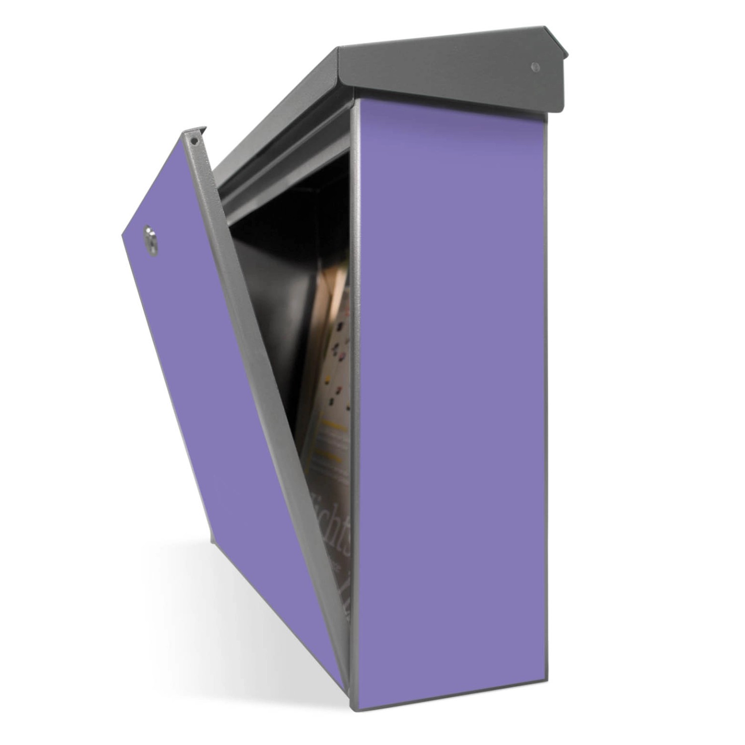 Banjado Edelstahl Briefkasten mit Lavendel Motiv, ohne Zeitungsfach, Tür geöffnet.