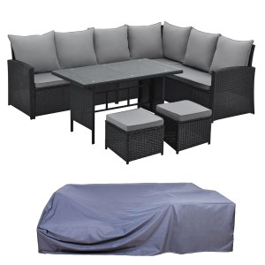 Schwarzes Svita Monroe Garten Lounge Set aus Polyrattan mit Abdeckhaube, Tisch und Hockern.