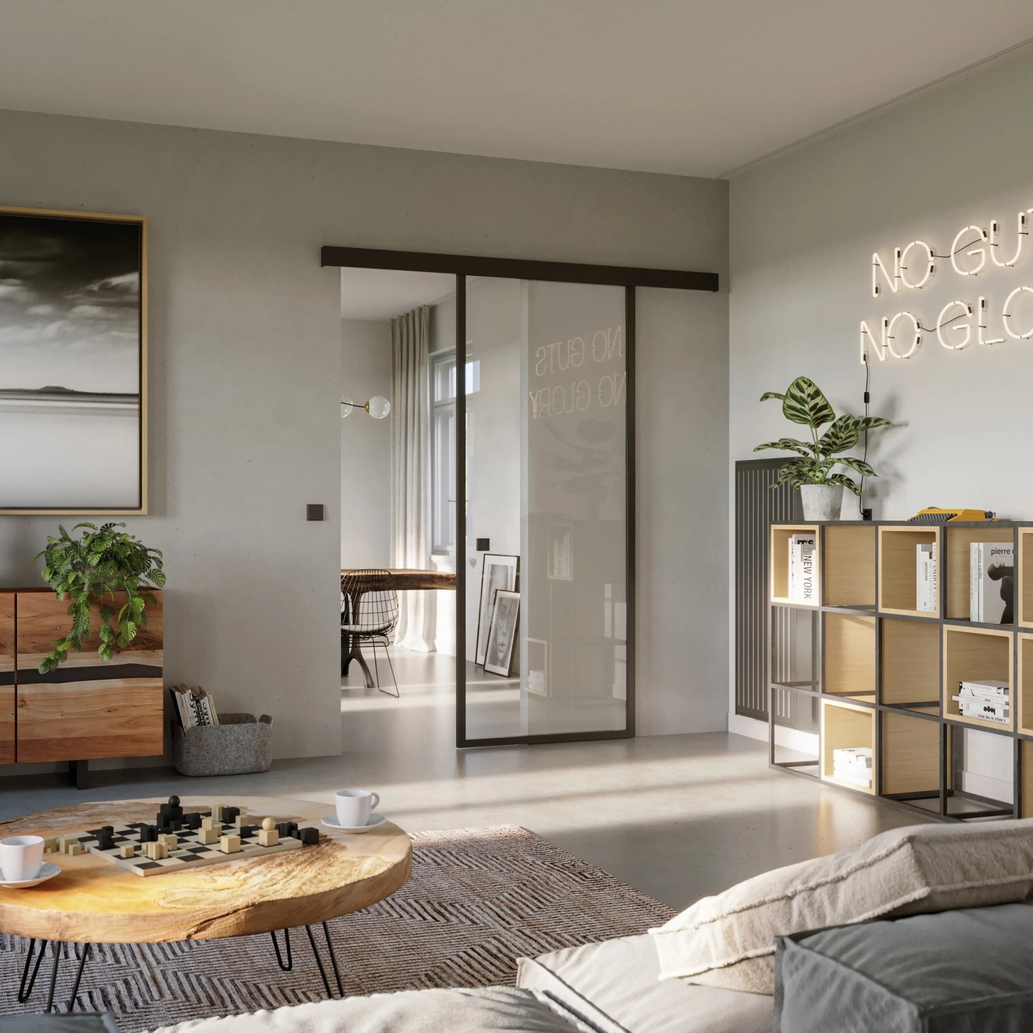 Loft+Mehr Schiebetür-Set mit Klarglas, schwarzem Rahmen, Beschlag und Griff in Wohnraum-Szene.