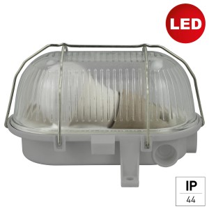 Graue e2 elektro LED-Ovalleuchte mit Drahtkorb, geeignet für Keller und Außenbereiche.