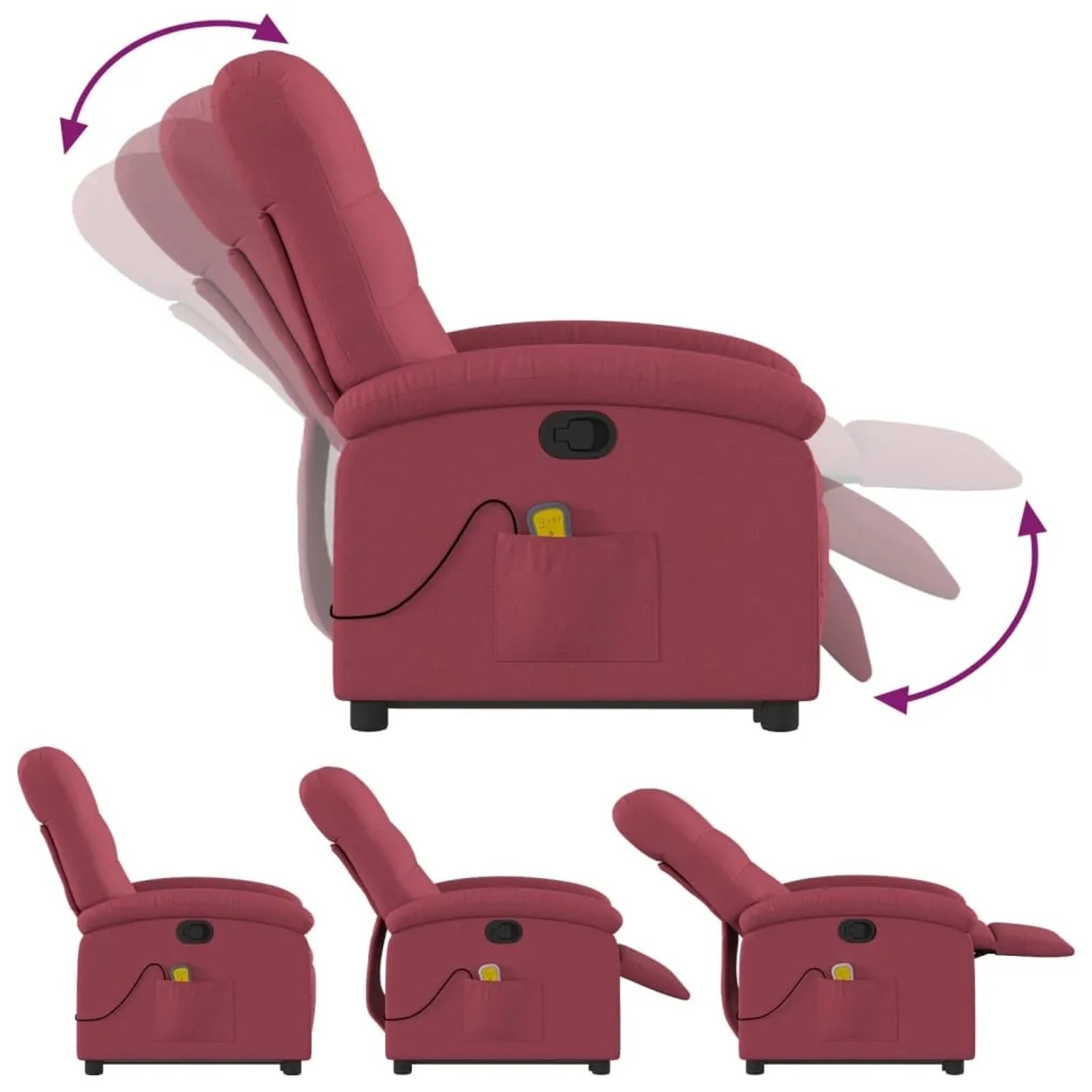 vidaXL Massagesessel mit Aufstehhilfe, weinrot, Stoff. Relaxsessel mit Liegefunktion und Vibrationsmassage.