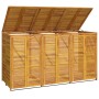 vidaXL Mülltonnenbox für 3 Tonnen aus Akazienholz mit Lamellentüren und geöffnetem Deckel.