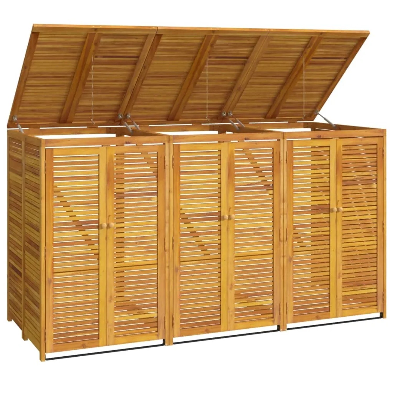 vidaXL Mülltonnenbox für 3 Tonnen aus Akazienholz mit Lamellentüren und geöffnetem Deckel.