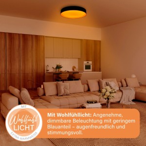 Schwarze MegaLight LED-Deckenleuchte mit warmem Wohlfühllicht in modernem Wohnzimmer. Dimmbar.