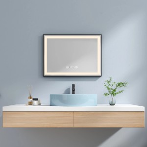 Emke Badspiegel 70x50cm mit schwarzem Rahmen, Beleuchtung, Touch, Antibeschlag, Uhr und Temperaturanzeige.