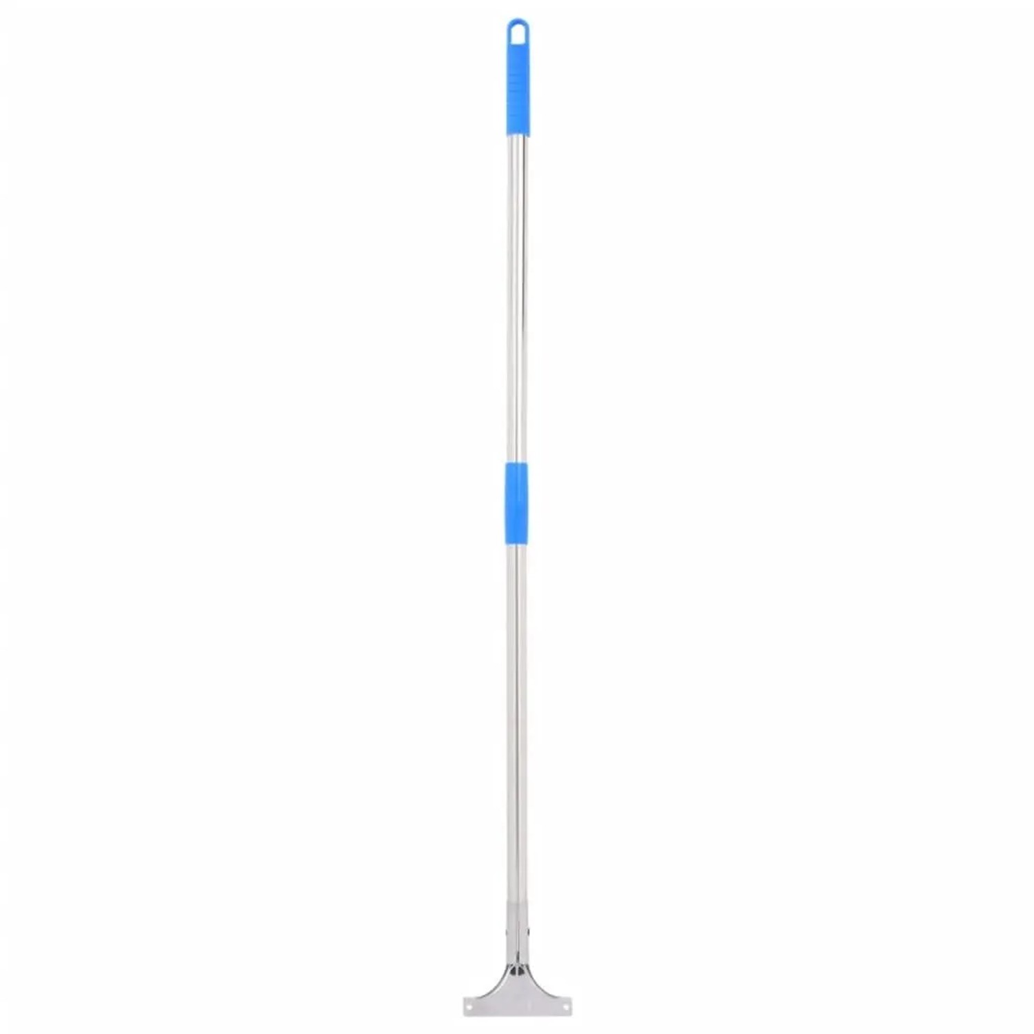 Silberner Bodenabzieher-Stiel aus Stahl und Kunststoff mit blauen Griffen, 119,5 cm lang. Reinigungsgerät für Böden.