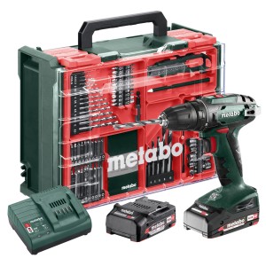 Metabo Akku-Bohrschrauber BS 18 Set mit 2 Akkus, Ladegerät und 74-teiligem Zubehör im Koffer.