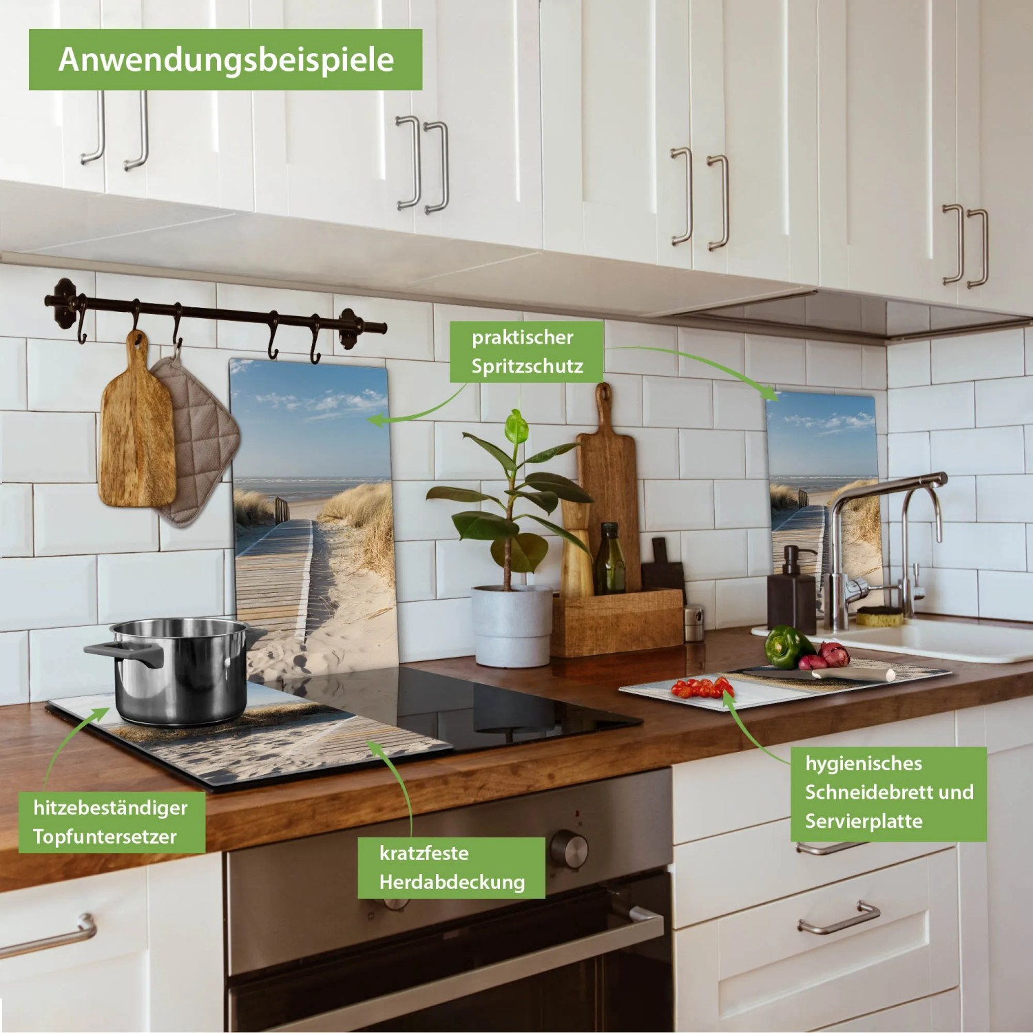 Banjado 2-teilige Herdabdeckplatte aus Glas mit Dünenmotiv als Schneidebrett und Spritzschutz.