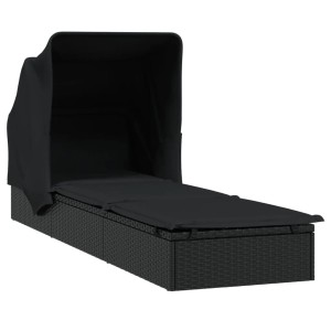Schwarze vidaXL Sonnenliege mit Faltdach aus Poly Rattan, ideal für Garten und Terrasse.