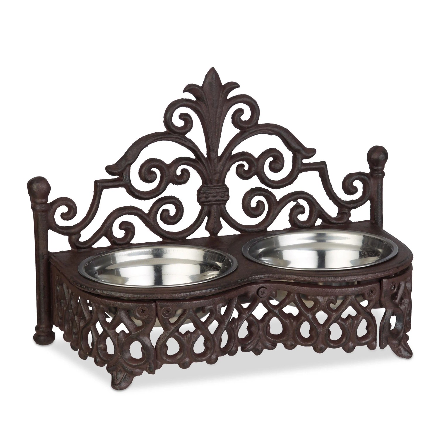 Relaxdays Futterbar Gusseisen Edelstahl Dunkelbraun Silber Rutschfest 23 cm x 31 cm x 15 cm 2,7 kg