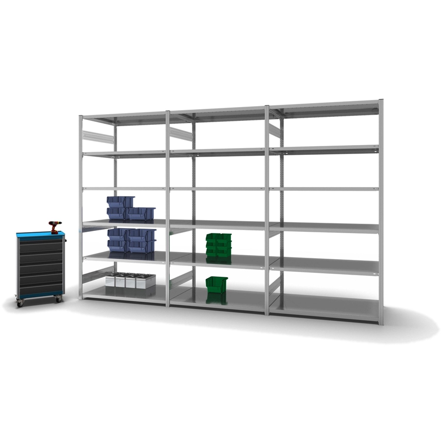 Verzinktes PROREGAL Fachbodenregal Stecksystem mit 6 Ebenen, beidseitig nutzbar, mit Werkzeugwagen.
