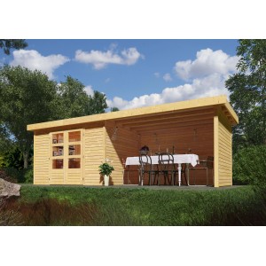 Karibu Holz-Gartenhaus Boras mit Flachdach und Anbau, unbehandelt.