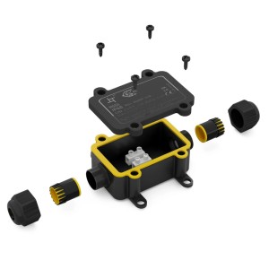 Zerlegte hb-digital Abzweigdose IP68, schwarz-gelb, mit 2 Wegen und Kabelverschraubungen für sichere Outdoor Elektroinstallation.