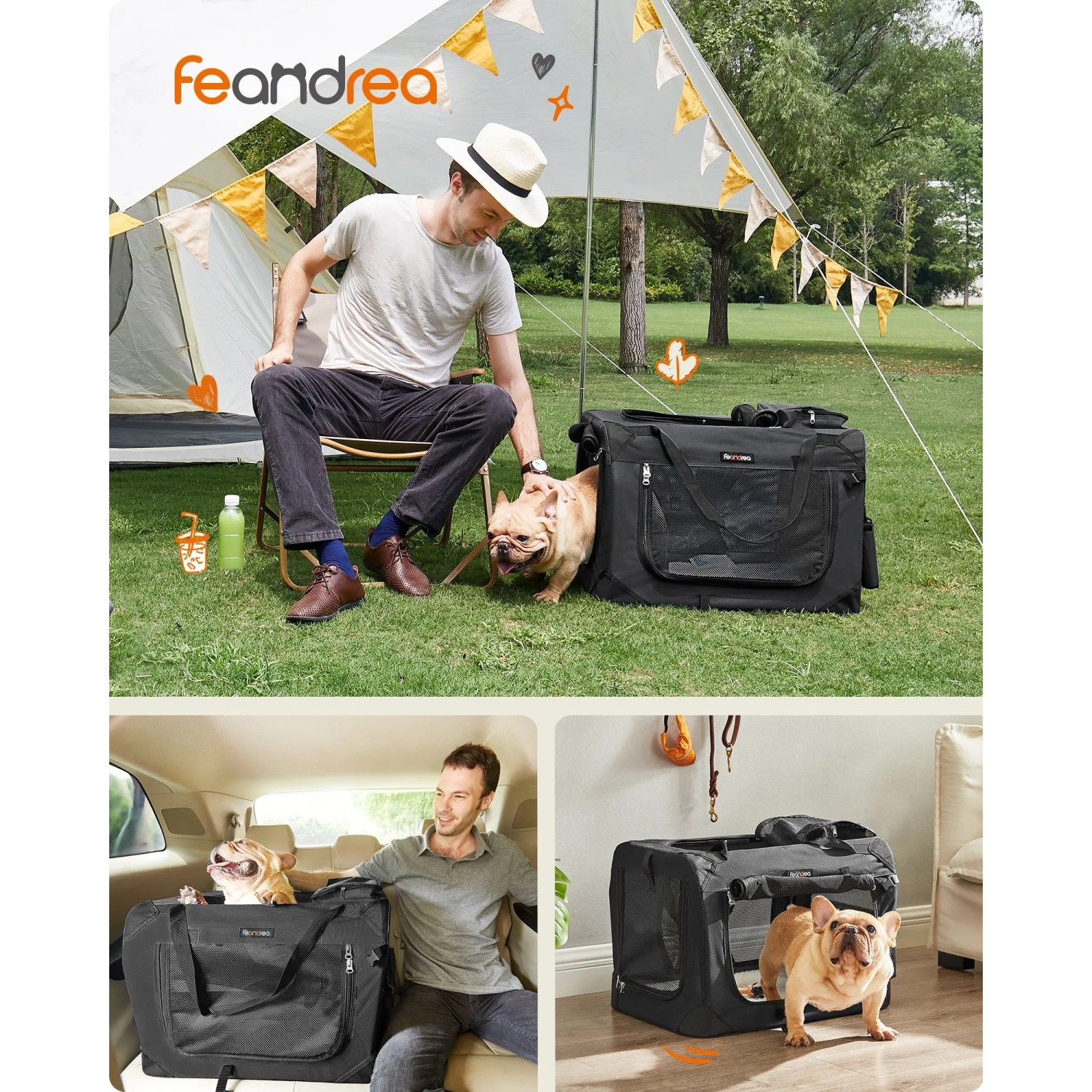 Schwarze Feandrea Hundebox mit Netzfenstern und Griffen, genutzt beim Camping, im Auto und zu Hause. Robuste Transportbox.