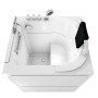 Weiße Senioren Badewanne mit Tür, Sitz, Armaturen und Nackenstütze.