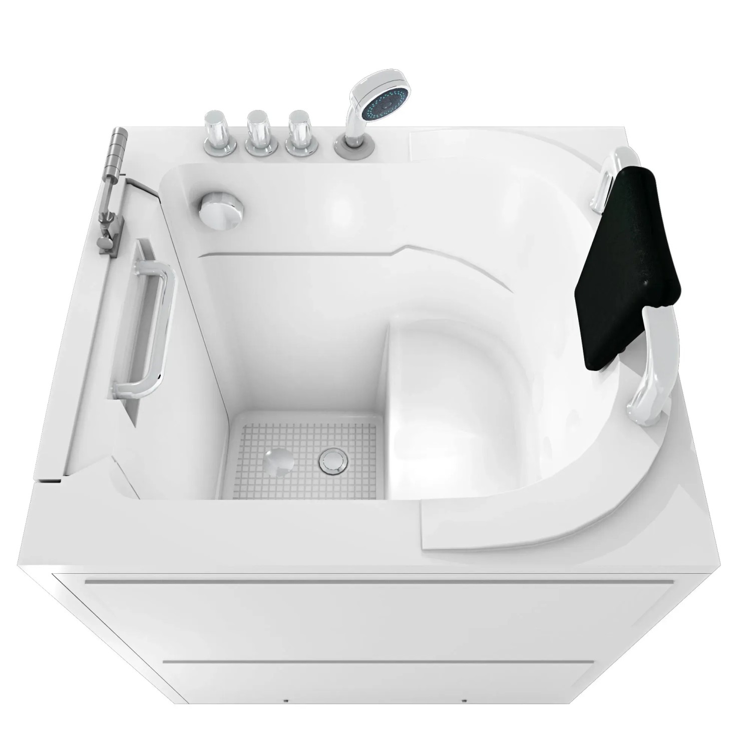 Weiße Senioren Badewanne mit Tür, Sitz, Armaturen und Nackenstütze.