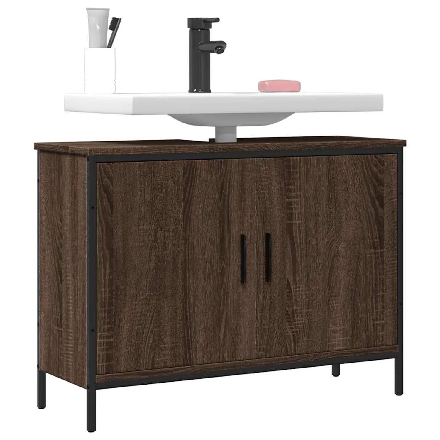 vidaXL Waschbeckenunterschrank in Braun Eichen-Optik, 80x30x60 cm, mit schwarzem Metallrahmen und zwei Türen.