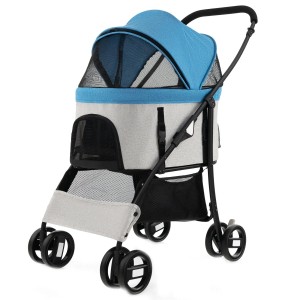 Blauer und grauer Costway 3-in-1 Hundebuggy, klappbar, mit Netzfenstern und Verdeck, für Hunde bis 15 kg.