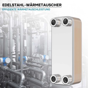 Wiltec Edelstahl Plattenwärmetauscher mit 4 Anschlüssen vor industrieller Kulisse. Effizienter Wärmeüberträger für Wärmequellen.