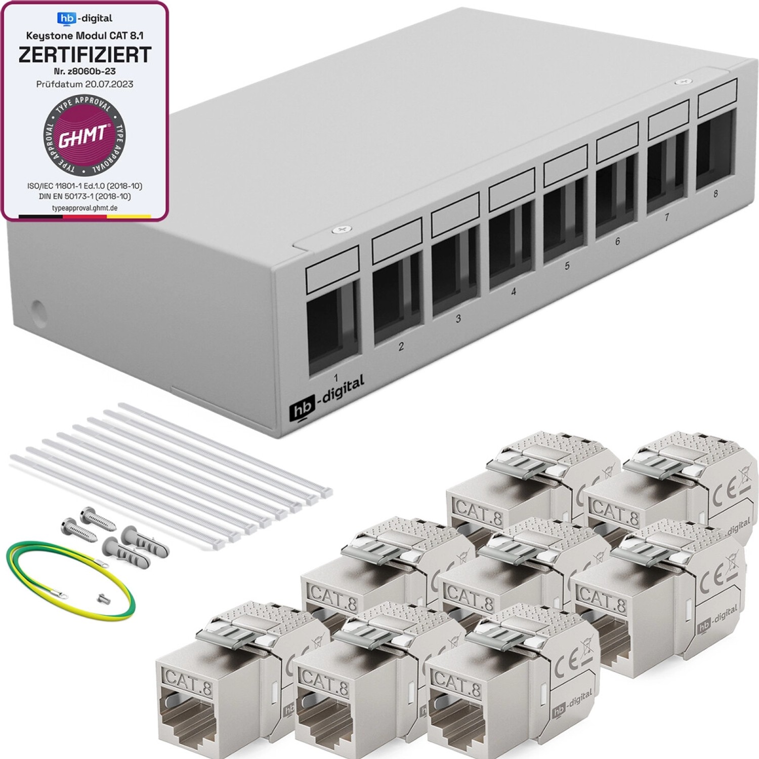 hb-digital Patchfeld 8 Port mit 8x Keystone Module Cat 8 Hellgrau
