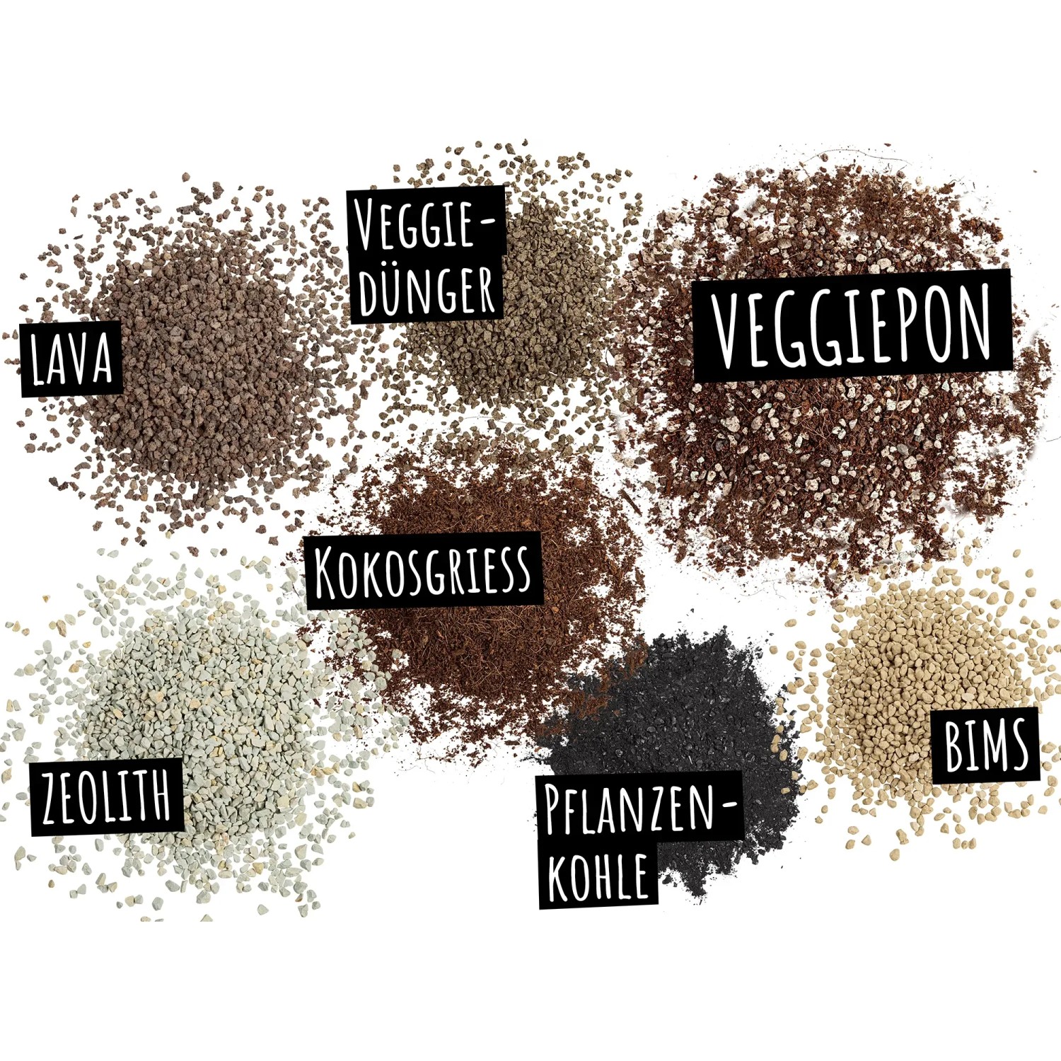 Lechuza Veggiepon Pflanzsubstrat: Bestandteile wie Lava, Kokos, Kohle und Bims für Gemüseerde.
